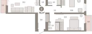 2-к квартира, вторичка, 76м2, 6/25 этаж