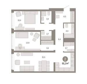 2-к квартира, вторичка, 91м2, 5/25 этаж