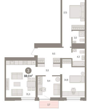3-к квартира, вторичка, 88м2, 6/10 этаж