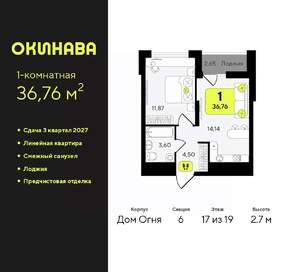 1-к квартира, вторичка, 37м2, 17/19 этаж