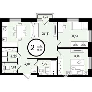 2-к квартира, вторичка, 63м2, 1/4 этаж