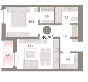 1-к квартира, вторичка, 47м2, 13/16 этаж