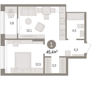 1-к квартира, вторичка, 45м2, 15/17 этаж