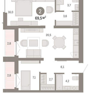 2-к квартира, вторичка, 69м2, 3/16 этаж