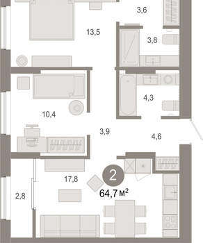 2-к квартира, вторичка, 65м2, 17/17 этаж