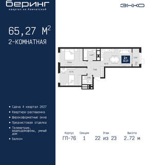 2-к квартира, вторичка, 65м2, 22/24 этаж