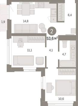2-к квартира, вторичка, 54м2, 14/25 этаж