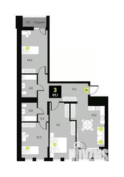 3-к квартира, вторичка, 85м2, 6/7 этаж