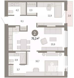2-к квартира, вторичка, 75м2, 6/17 этаж