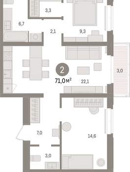 2-к квартира, вторичка, 71м2, 6/16 этаж