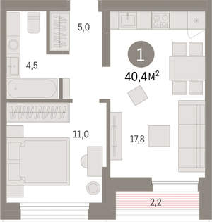 1-к квартира, вторичка, 40м2, 8/17 этаж