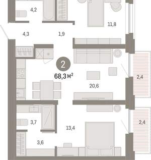 2-к квартира, вторичка, 68м2, 2/16 этаж