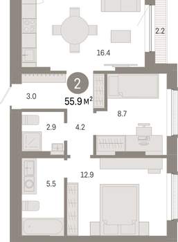2-к квартира, вторичка, 56м2, 7/8 этаж