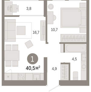 1-к квартира, вторичка, 40м2, 9/17 этаж