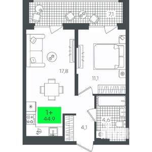 1-к квартира, вторичка, 45м2, 7/9 этаж