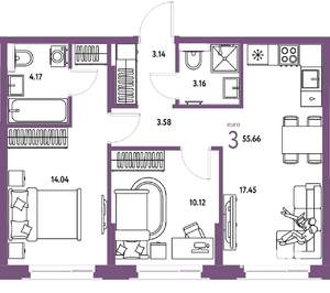 3-к квартира, вторичка, 56м2, 13/25 этаж