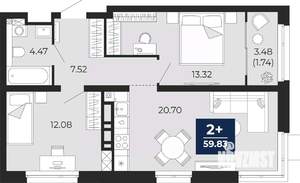 2-к квартира, вторичка, 62м2, 13/14 этаж
