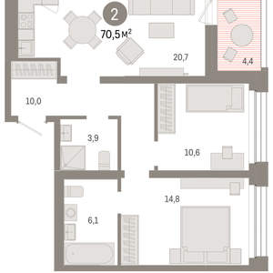 2-к квартира, вторичка, 70м2, 7/8 этаж