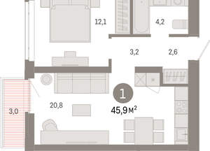1-к квартира, вторичка, 46м2, 7/25 этаж
