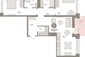 2-к квартира, вторичка, 75м2, 6/8 этаж