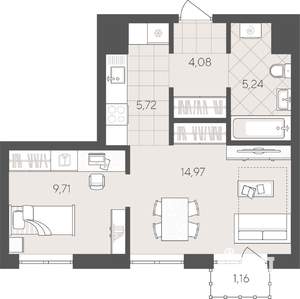 1-к квартира, сданный дом, 41м2, 13/24 этаж