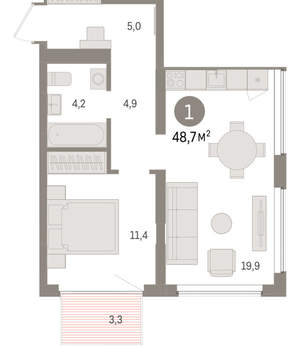 1-к квартира, вторичка, 49м2, 4/9 этаж