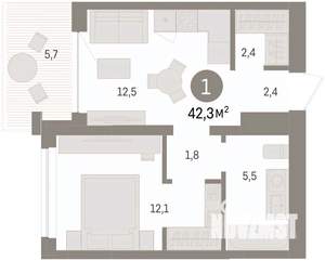 1-к квартира, вторичка, 42м2, 6/8 этаж