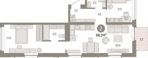 2-к квартира, вторичка, 66м2, 2/16 этаж