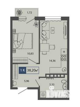 1-к квартира, строящийся дом, 38м2, 4/4 этаж