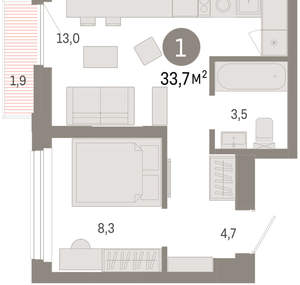 1-к квартира, вторичка, 34м2, 19/25 этаж