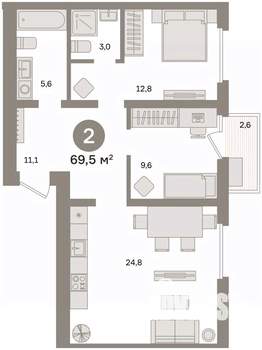 2-к квартира, вторичка, 70м2, 6/7 этаж