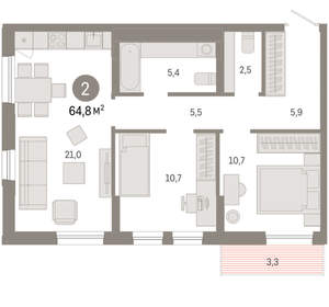 2-к квартира, вторичка, 65м2, 9/17 этаж