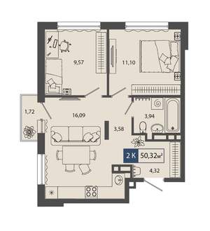 1-к квартира, строящийся дом, 50м2, 4/4 этаж