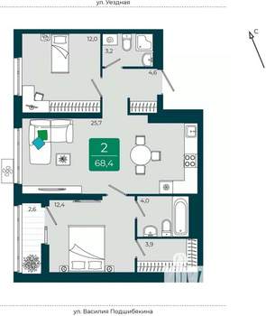 2-к квартира, вторичка, 68м2, 6/16 этаж