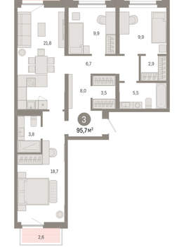 3-к квартира, вторичка, 96м2, 5/16 этаж