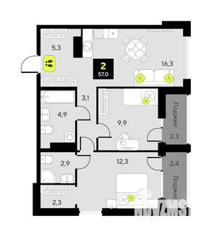 2-к квартира, вторичка, 57м2, 2/7 этаж