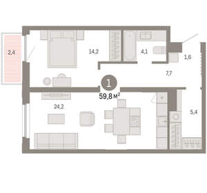 1-к квартира, вторичка, 60м2, 8/16 этаж