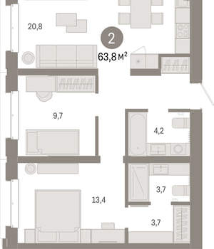 2-к квартира, вторичка, 64м2, 2/11 этаж