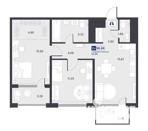 2-к квартира, строящийся дом, 56м2, 2/14 этаж