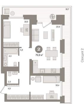 2-к квартира, вторичка, 76м2, 5/9 этаж