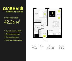 1-к квартира, вторичка, 42м2, 2/17 этаж