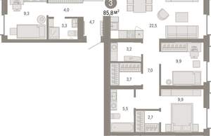 3-к квартира, вторичка, 86м2, 6/16 этаж