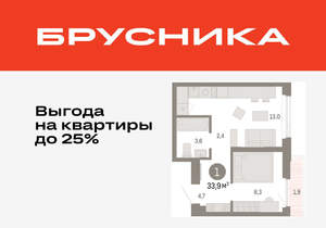 1-к квартира, вторичка, 34м2, 12/25 этаж