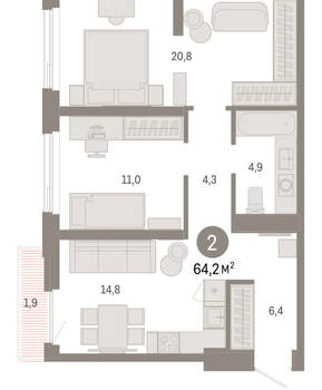 2-к квартира, вторичка, 64м2, 10/25 этаж