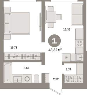 1-к квартира, вторичка, 43м2, 2/8 этаж