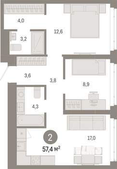 2-к квартира, вторичка, 57м2, 8/25 этаж