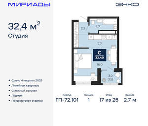 Студия квартира, вторичка, 32м2, 17/25 этаж