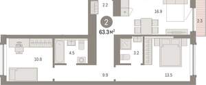 2-к квартира, вторичка, 63м2, 7/8 этаж