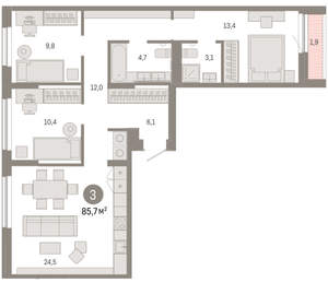 3-к квартира, вторичка, 86м2, 2/17 этаж