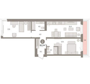 2-к квартира, вторичка, 81м2, 6/16 этаж